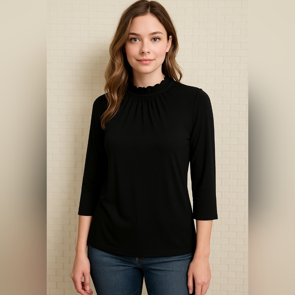 Gap Black Stretchy Pullover Ruffled Neck Pleated Yoke 3/4 Length Sleeve Top